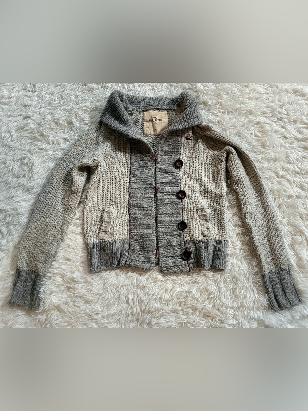 Vintage Y2K Hollister Fisherman Cozy Cabin Knit Wool Shawl Cardigan Sweater L